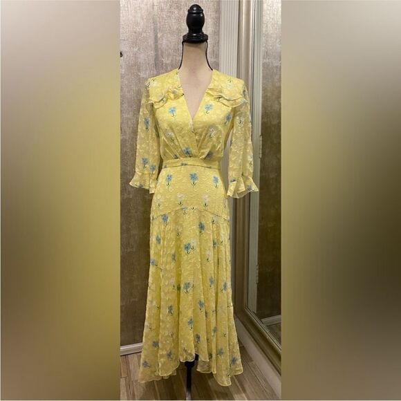 SALONI Yellow Midi Dress with Blue Floral Design US4